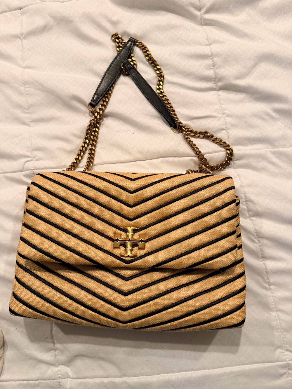 Tory Burch Black-Trimmed Tan Chevron Quilted Shoulder Bag